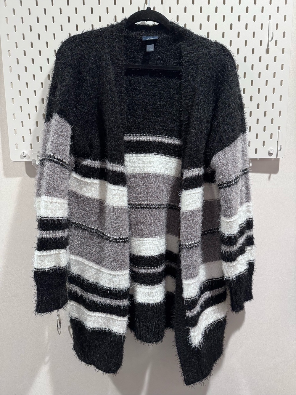 Daytrip Black, Gray & White Fuzzy Striped Open-Front Cardigan